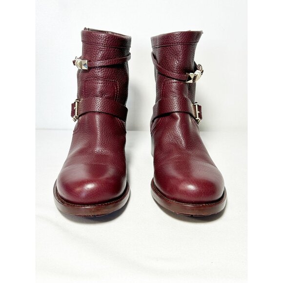 Valentino Garavani Pebbled Calfskin Rockstud Boots in Burgundy - Sz 40.5 (10.5) - Picture 3 of 10